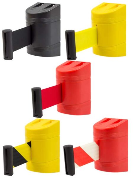 Cinta retráctil de seguridad en varios colores. Cinta separadora retráctil de 2 m de longitud con sistema de anclaje a pared.