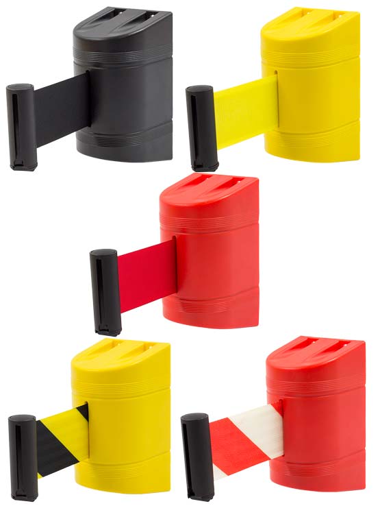 Cinta retráctil de seguridad en varios colores. Cinta separadora retráctil de 2 m de longitud con sistema de anclaje a pared.