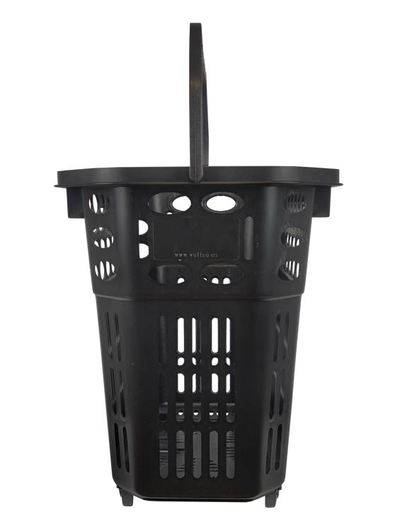 Cesta plástico con ruedas vista frontal con asa pequeña