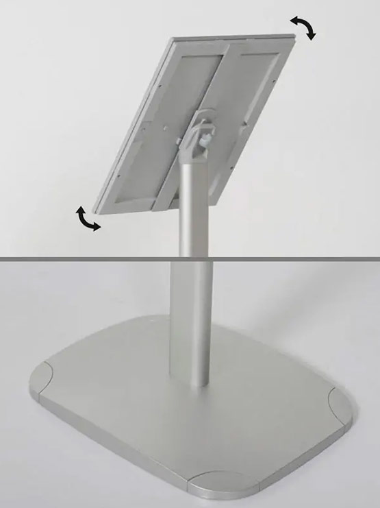 Detalles porta menú económico de aluminio con pie gris