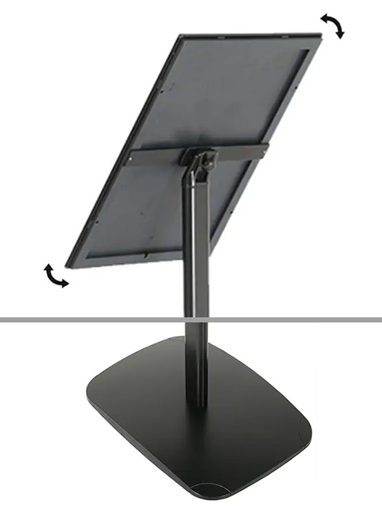 Detalles porta menú económico de aluminio con pie negro